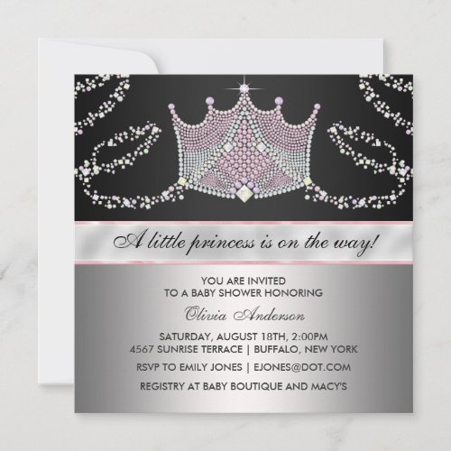 Pink Black Tiara Baby Girl Princess Baby Shower Custom Invites