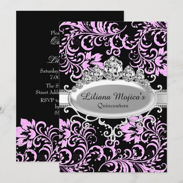 Pink Black Tiara & Glitter Floral Quinceanera Invitation (Front/Back)