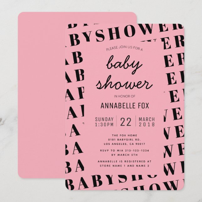 Pink Black Trendy Modern Baby Shower Invitation (Front/Back)