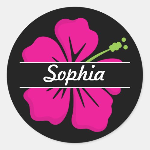Pink Black Tropical Hawaiian Hibiscus Flower Name Classic Round Sticker