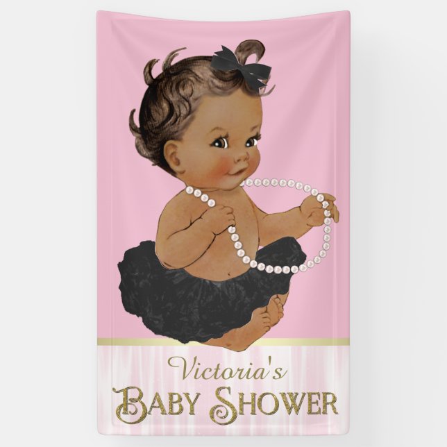 Pink Black Tutu Pearl Ethnic Girl Baby Shower Banner (Vertical)