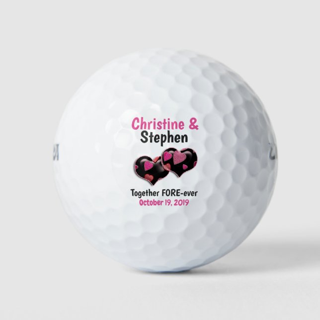 Pink Black Two Hearts Joined Wedding Favor Golf Balls (Front)