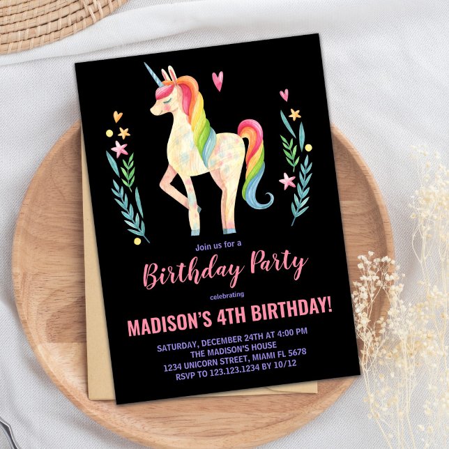 Pink Black Unicorn Birthday Invitations (Pink Black Unicorn Birthday Invitations)