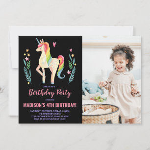 Pink Black Unicorn Birthday Invitations with photo