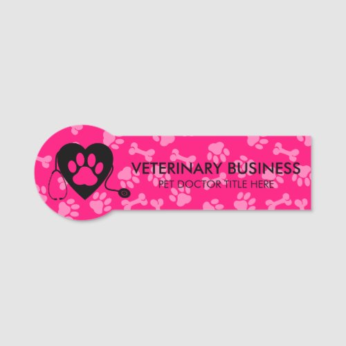 Pink Black Veterinarian Paw Heart Stethescope Pet Name Tag