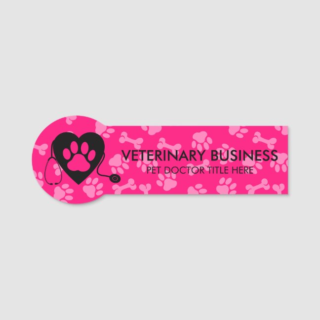 Pink Black Veterinarian Paw Heart Stethescope Pet Name Tag