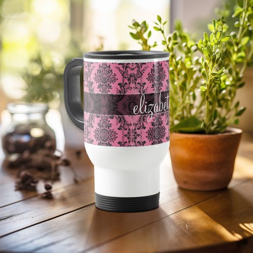 Pink  Black Vintage Damask Pattern with Monogram Travel Mug