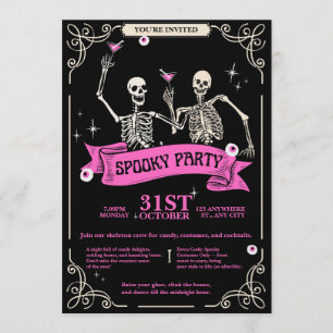 Pink & Black Vintage Retro Skeleton Wedding Invitation