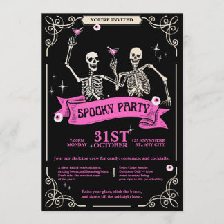 Pink & Black Vintage Retro Skeleton Wedding Invitation
