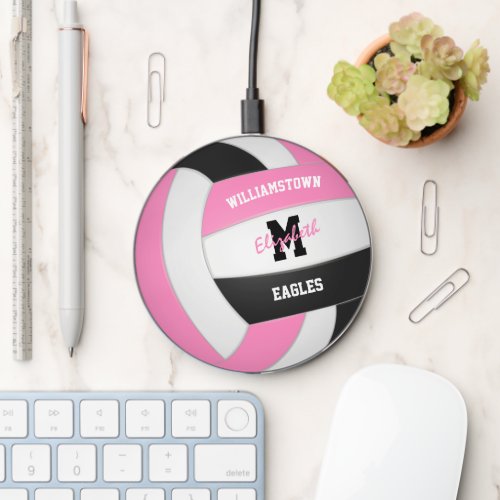 pink black volleyball athlete name monogram  wireless charger 