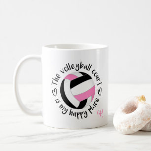 pink black volleyball court is my happy place coffee mug