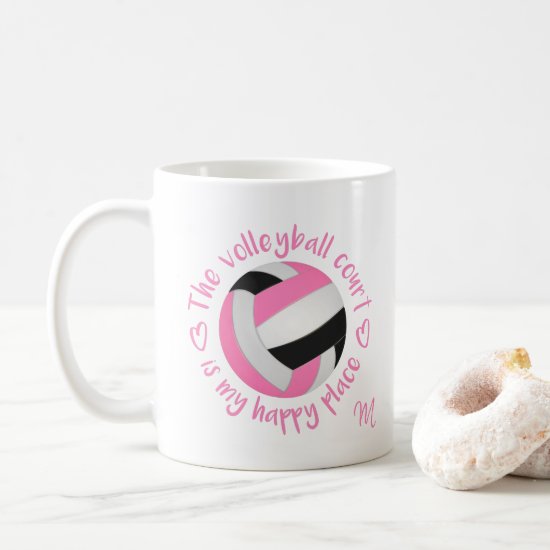 pink black volleyball court is my happy place coffee mug