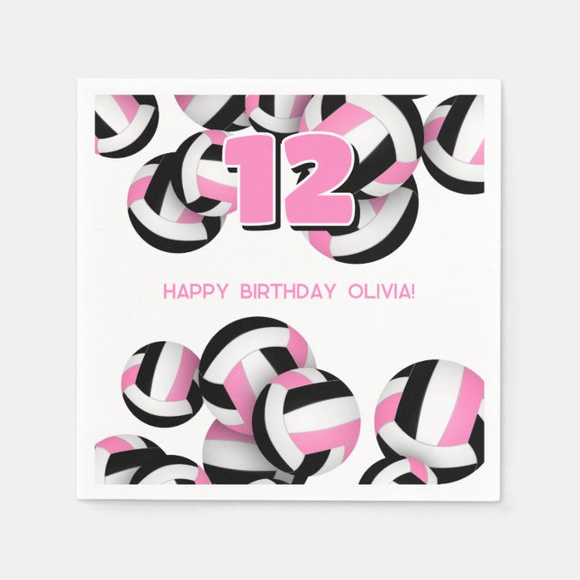 pink black volleyball party girls birthday napkins (Front)