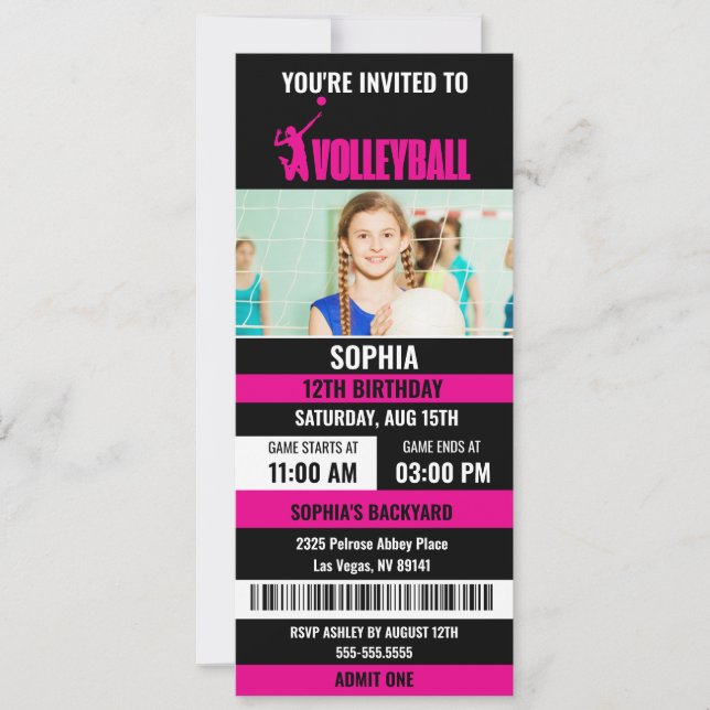 Pink Black Volleyball Ticket Birthday Photo Invitation (Front)