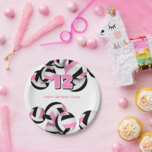 pink black volleyballs girls birthday party paper plates