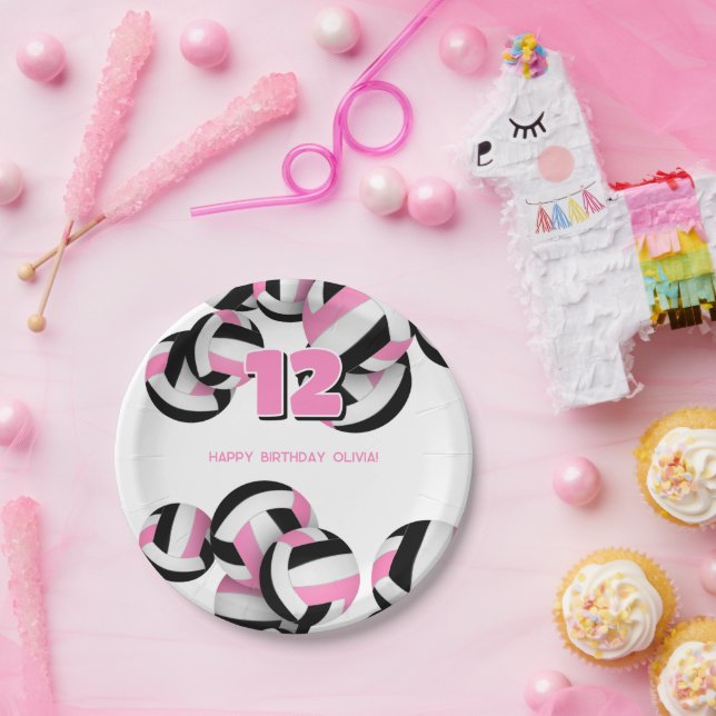 pink black volleyballs girls birthday party paper plates (Party)