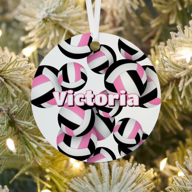 pink black volleyballs w athlete name keepsake metal ornament (Insitu)