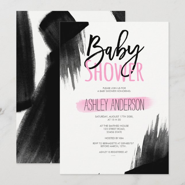 Pink black watercolor brush script Baby shower Invitation (Front/Back)