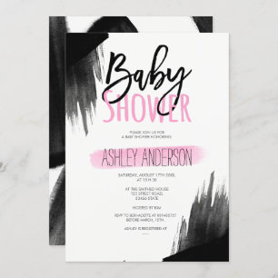 Pink black watercolor brush script Baby shower Invitation