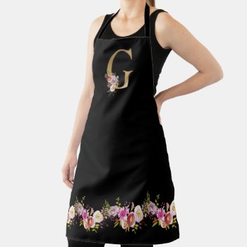 Pink Black Watercolor Floral Gold Tone Monogram G Apron by TrendyKitchens at Zazzle