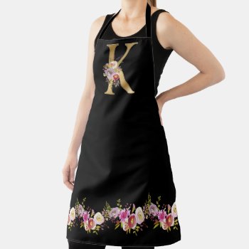 Pink Black Watercolor Floral Gold Tone Monogram K Apron by TrendyKitchens at Zazzle