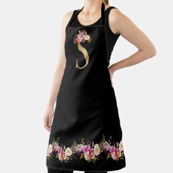 Pink Black Watercolor Floral Gold Tone Monogram S Apron by TrendyKitchens at Zazzle