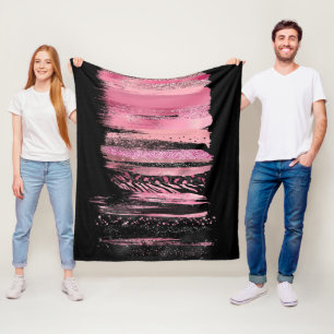 Pink Black Watercolor Glitter Foil Paint Strokes Fleece Blanket