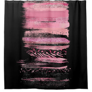 Pink Black Watercolor Glitter Foil Paint Strokes Shower Curtain