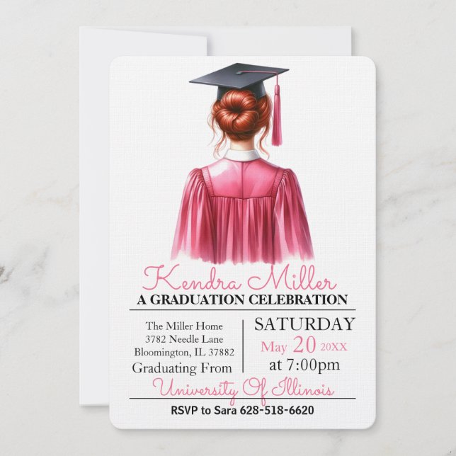 Pink & Black Watercolor Graduation Invitation (Front)