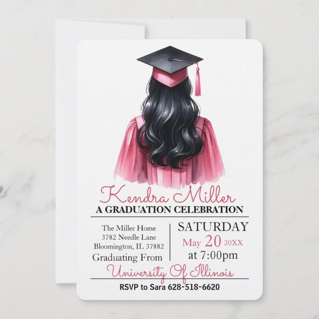 Pink & Black Watercolor Graduation Invitation (Front)