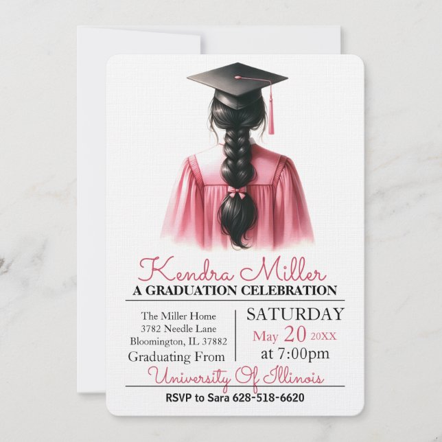 Pink & Black Watercolor Graduation Invitation (Front)