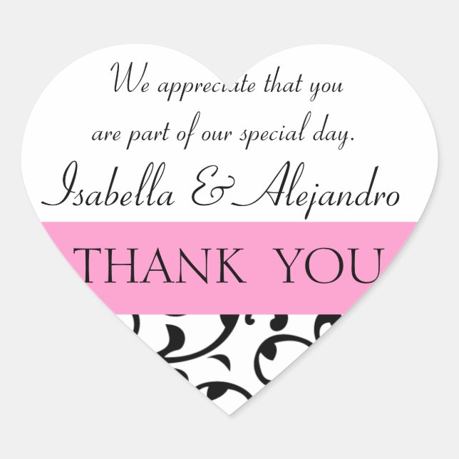 Pink Black Wedding Favor Thank You Message Heart Sticker (Front)