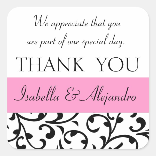 Pink Black Wedding Favor Thank You Message Square Sticker (Front)