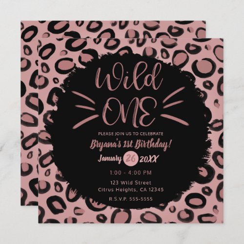Pink  Black Whiskers WILD ONE 1st Birthday Party Invitation
