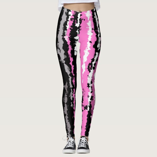 Pink black white and gray abstract stripes leggings (Front)