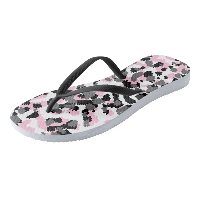 Pink, black, white and Gray Camo abstract Flip Flops (Angled)
