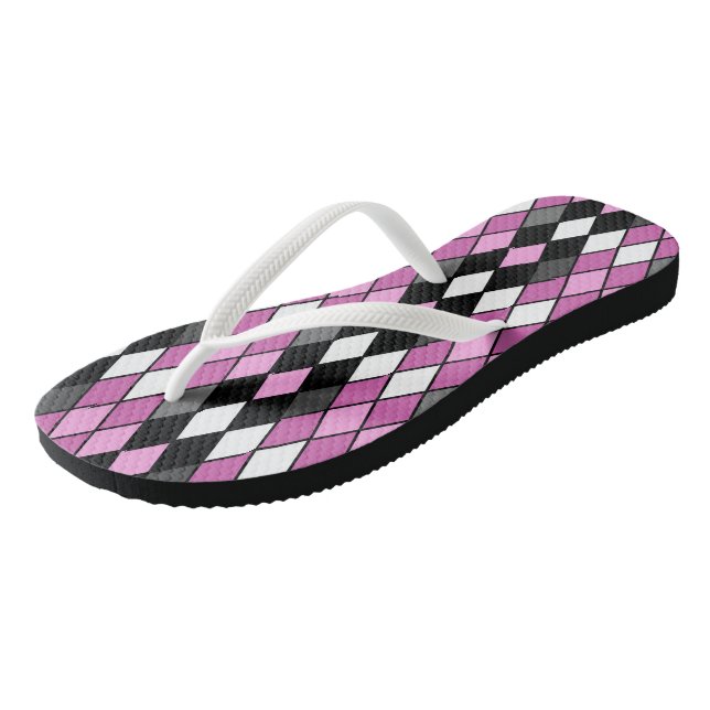 Pink, black, white and Gray Diamond Pattern Flip Flops (Angled)