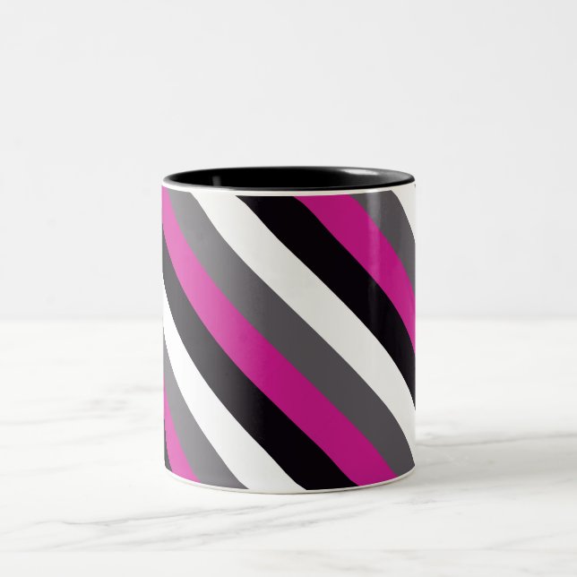Pink, Black, White and Gray Stripes  Two-Tone Coffee Mug (Center)