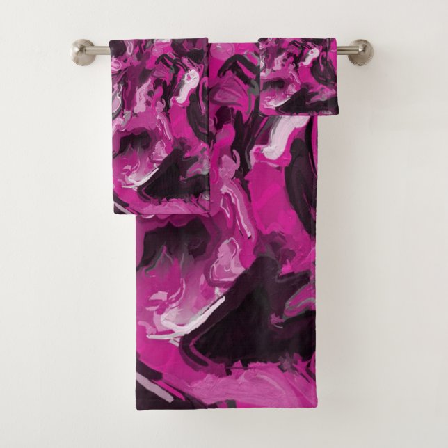Pink, Black, White and Gray Swirls Bath Towel Set (Insitu)