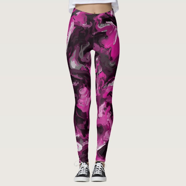 Pink, Black, White and Gray Swirls Leggings (Front)