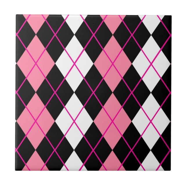 Pink Black White Argyle Diamond Design  Ceramic Tile (Front)