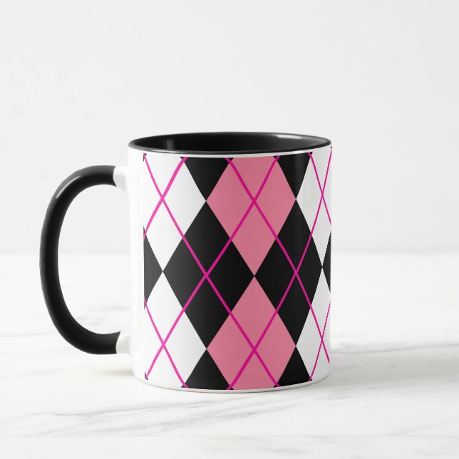 Pink Black White Argyle Diamond Design  Mug (Left)