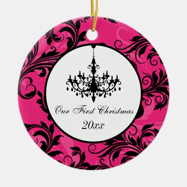Pink Black White Chandelier Scroll 1st Christmas Ceramic Ornament (Front)