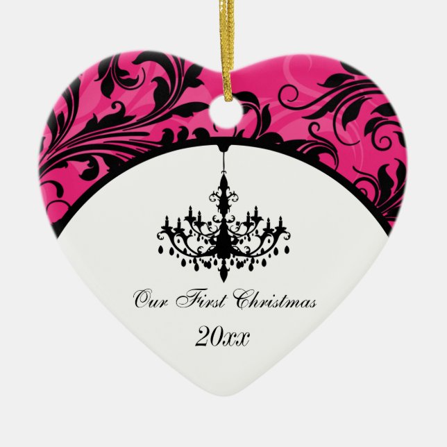 Pink Black White Chandelier Scroll 1st Christmas Ceramic Ornament (Front)