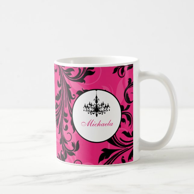 Pink Black White Chandelier Scroll Mug with Name (Right)