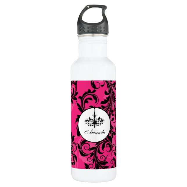 Pink Black White Chandelier Scroll Water Bottle (Front)