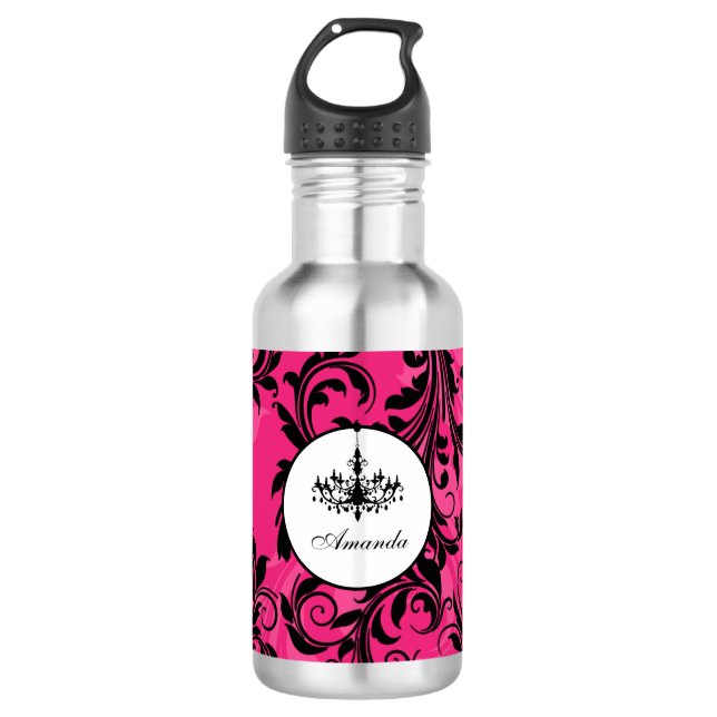 Pink Black White Chandelier Scroll Water Bottle (Front)