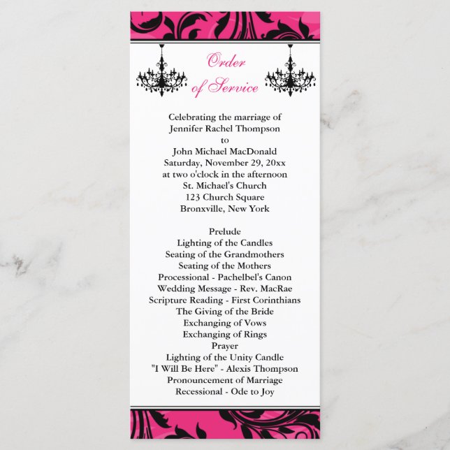 Pink Black White Chandelier Scroll Wedding Program (Front)