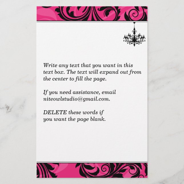Pink, Black, White Chandelier, Scrolls Stationery (Front)