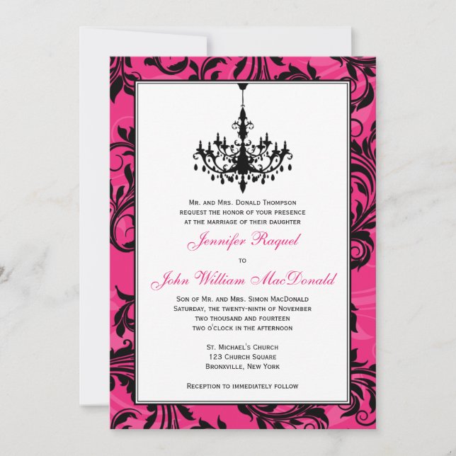 Pink Black White Chandelier Scrolls Wedding Invite (Front)